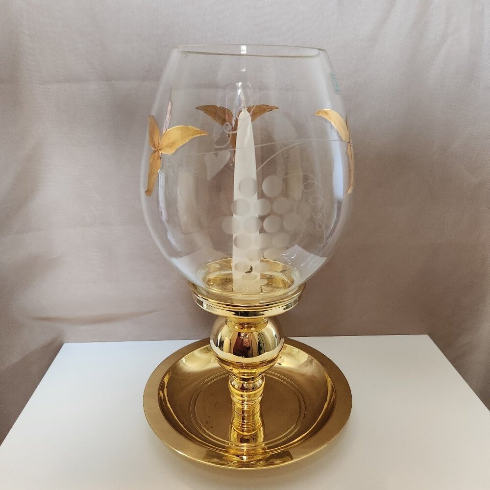 VINTAGE Partylite "Tuscany Lamp" Gold Leaf & Etched Grapes With Gold Pillar Base